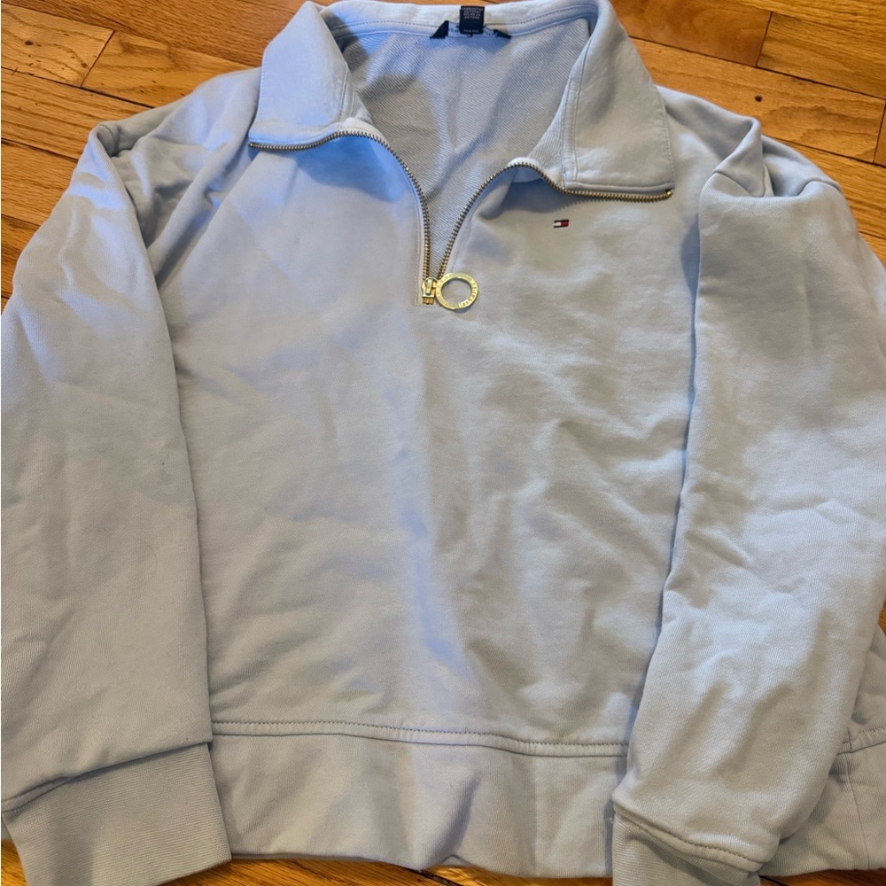 Tommy‎ Hilfiger Quarter Zip Pullover Light Blue Sweatshirt Gold Ring Zip Medium